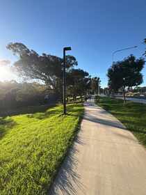 New concrete pathway with fresh turf and lighting through a park corridor